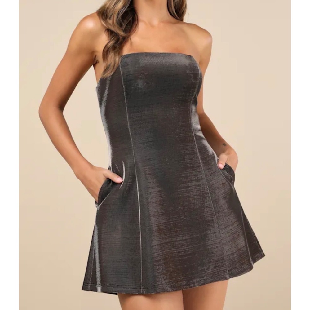 Stunning Reputation Shiny Bronze Metallic Strapless Mini Dress Pockets XS
